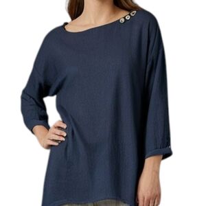 Linen Fairytales Tunic Top Whimsigpth Navy Blue Boat Neck Solid Women's Small